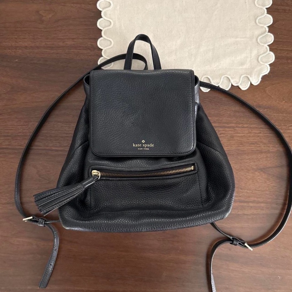 kate spade Black Pebbled Leather Mini Backpack with Tassel